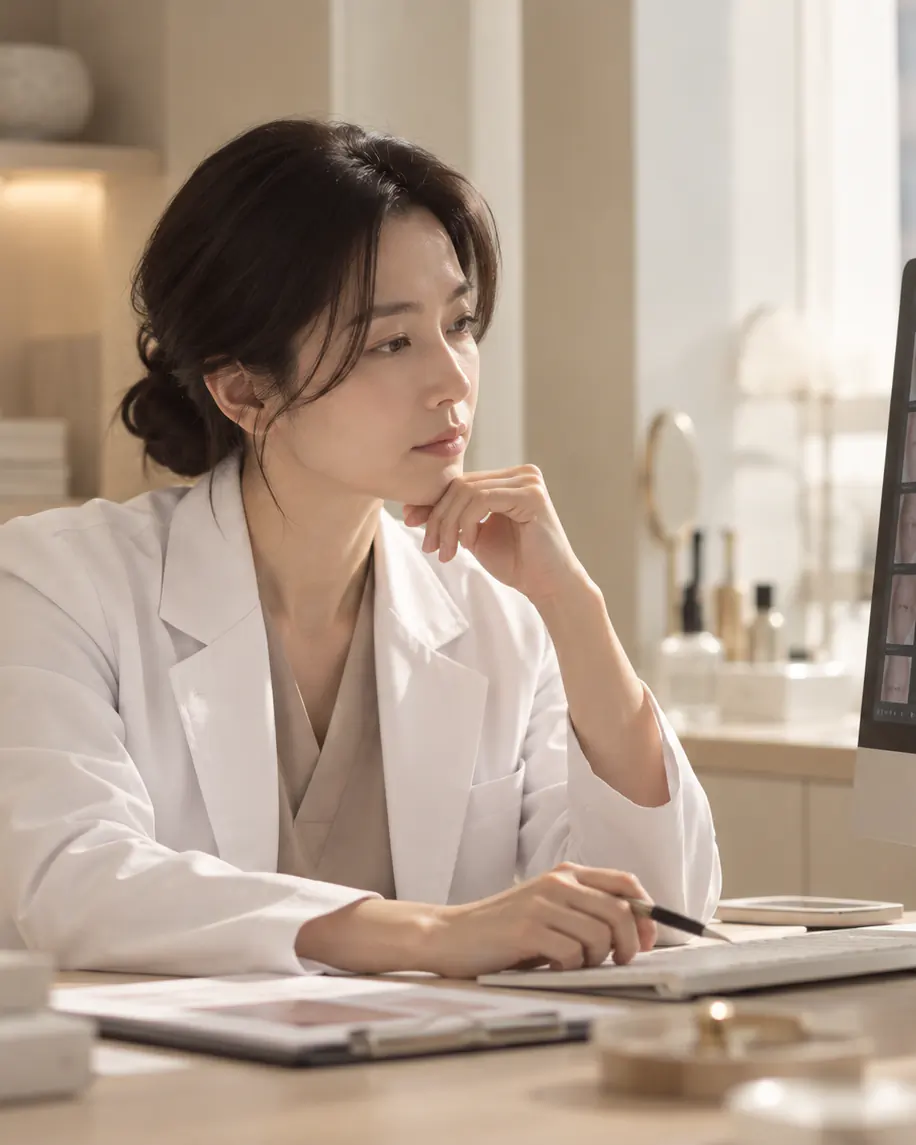 진료실에서 모니터의 피부 사진을 살펴보는 흰 가운 차림의 한서윤 대표원장