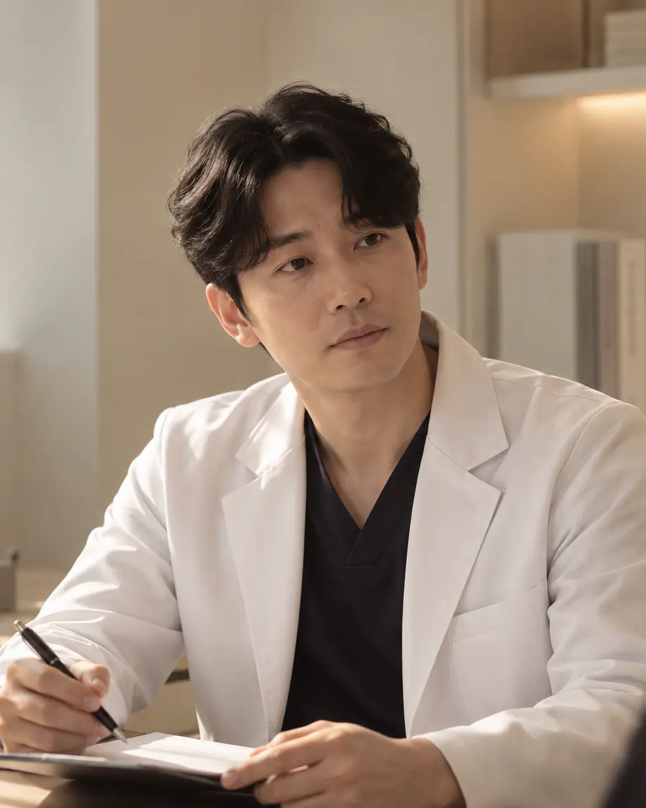 진료실에서 차트를 쓰며 상담하는 흰 가운 차림의 오태준 원장