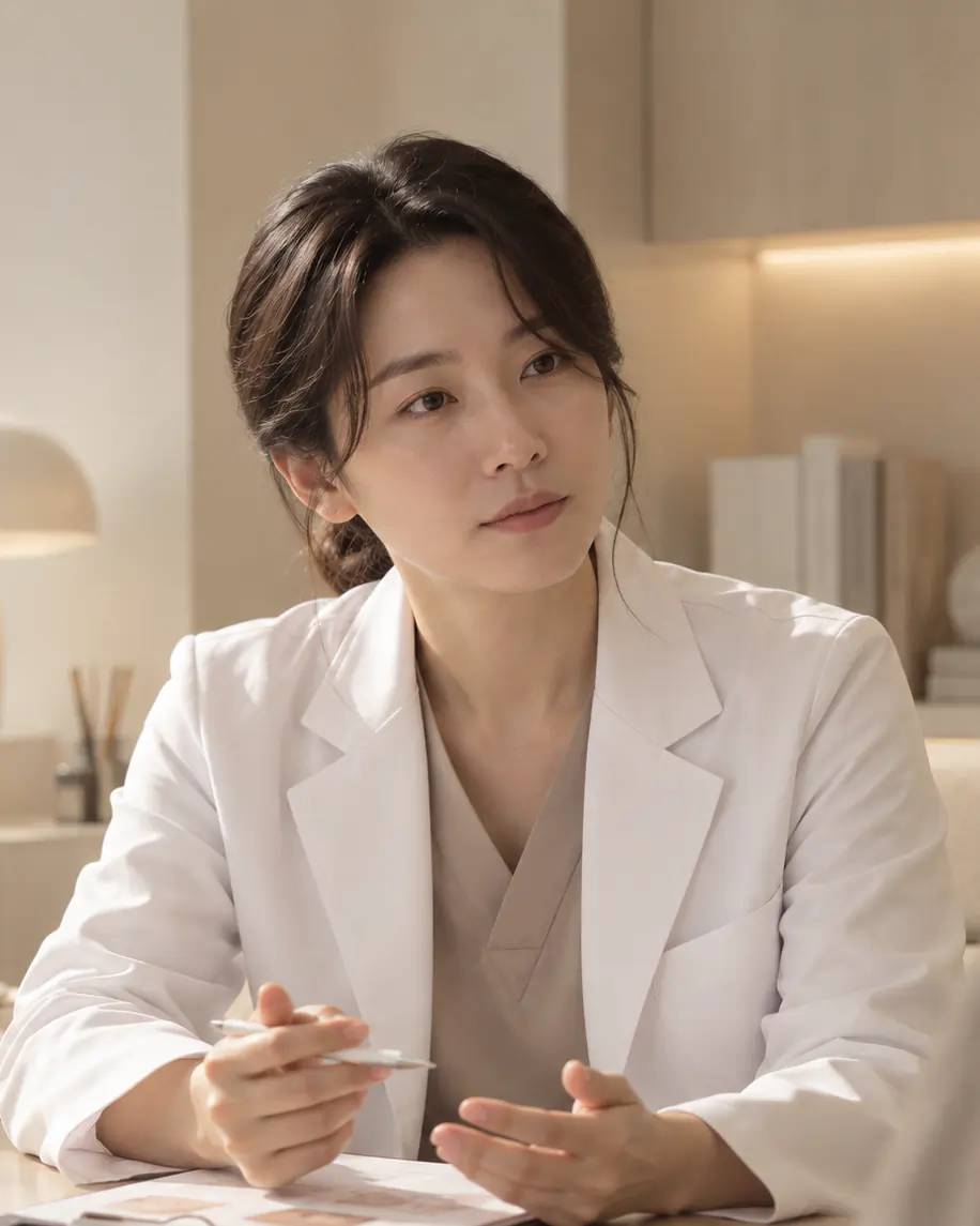 진료실에서 펜을 들고 상담하는 흰 가운 차림의 윤채원 원장